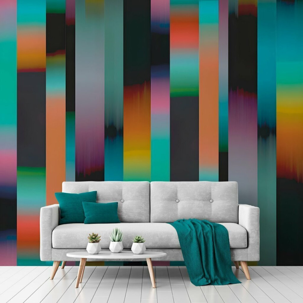 Sofá moderno com parede colorida.